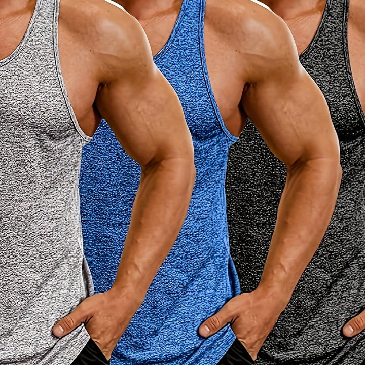 Men's 3pcs Set Of Casual And Chic Solid Crew Neck Sleeveless Sports Tank Tops, Sports Vest Suitable For Summer Fitness, Workout And Training Wear