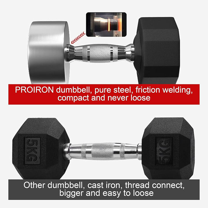 NEW Rubber Dumbbells Odorless, Steel Weights Set Men Women Home Gym 3kg 5kg 8kg 10kg 12kg 14kg 16kg 20kg 24kg Fitness Training Exercise Body Strength Lifting Equipment (Pair or Single)