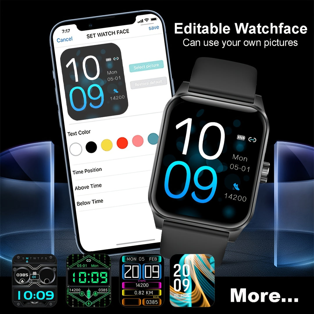 1pc Men's Smart Watch - 1.85" HD Full Touch Screen, IP68 Waterproof, USB Rechargeable, Silicone Strap, Sports Style, Pedometer, Message Push, Call Function, Compatible with iPhone/Android