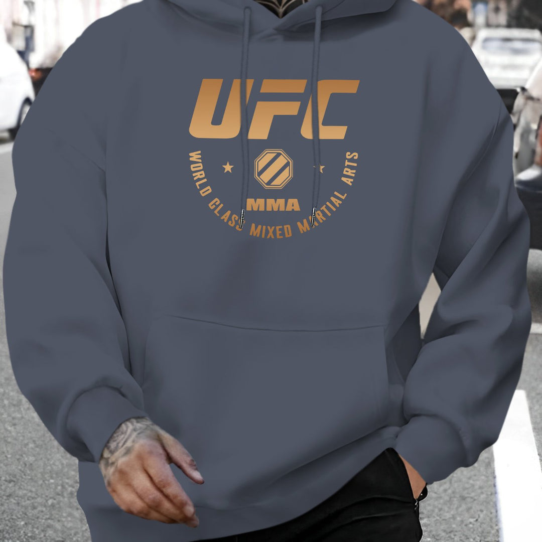 Men'S UFC Graphic Hoodie - Polyester Casual Pullover with Hood - Fall/Winter Knit Fabric Casual Style - Regular Fit Long Sleeve Hooded Sweatshirt with Slight Stretch - Alphabet Print Fashion Hooded Top