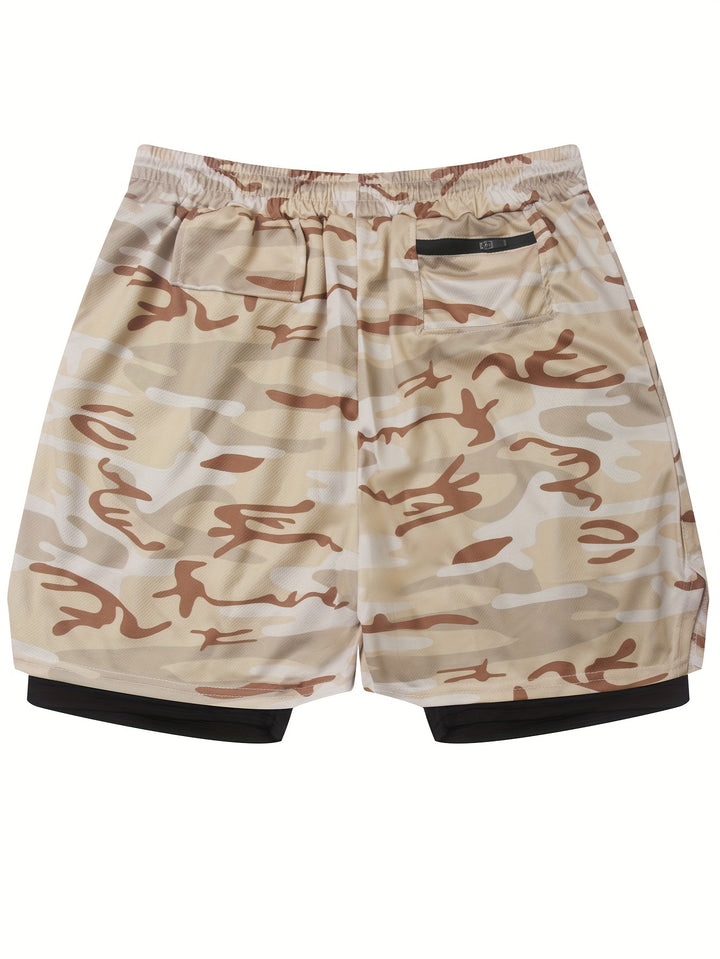 Men's Camouflage Pattern Double-layer Shorts With Drawstring And Pockets, Quick Dry And Comfy Shorts For Summer Fitness, Basketball And Running Wear