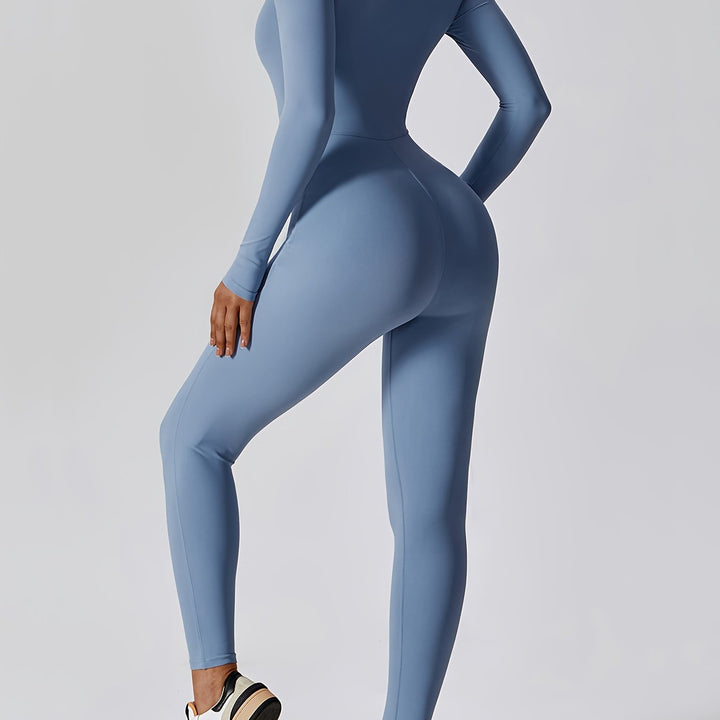 Zip-up Long-sleeved Yoga Jumpsuit, Solid Color Slim Fit Fitness Sports Jumpsuit, Women's Activewear