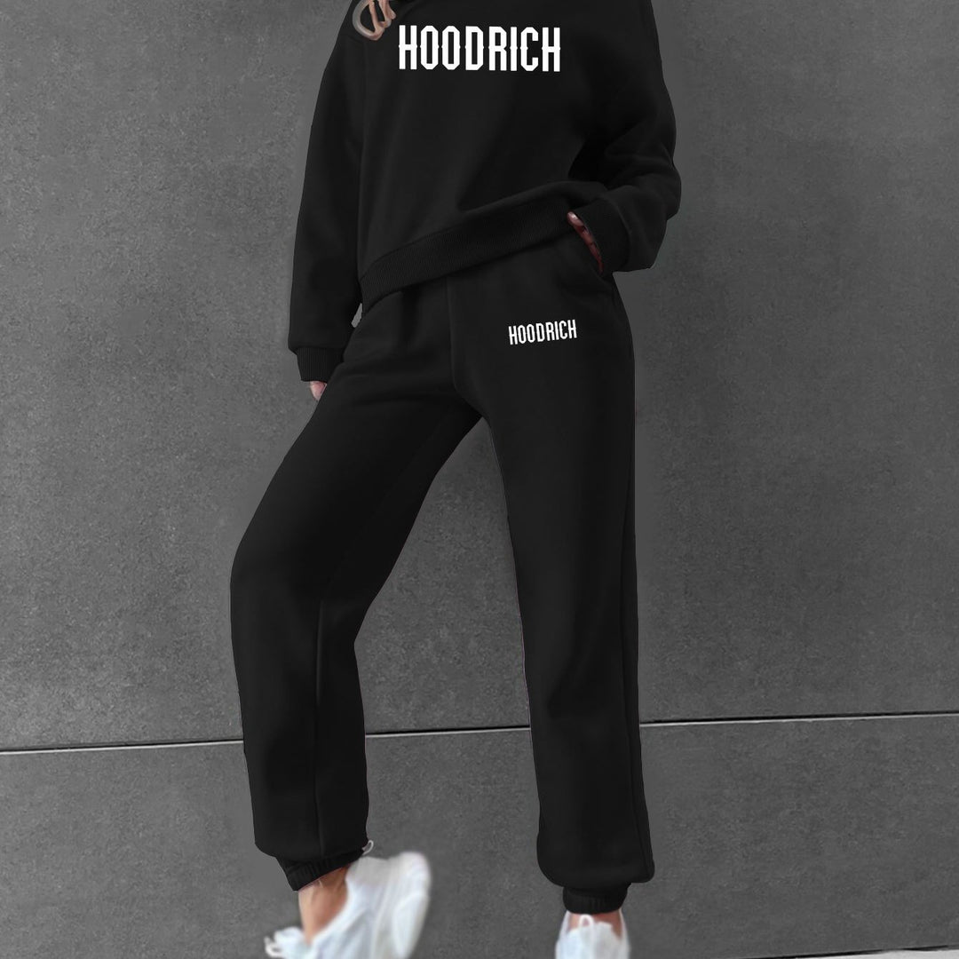 Women's Casual Fashion Geometric HOODRICH Letter Pattern Print Hoodie and Sweatpants Set - Long Sleeve, Round Neck, Polyester Blend, Perfect for Fall and Winter