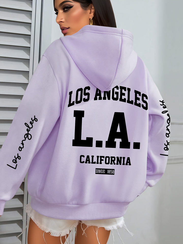 Women'S Plus Size Casual Hoodie with Los Angeles Print, Long Sleeve Pullover Sweatshirt with Pocket, 100% Polyester Knit Fabric, Slight Stretch, Fall/Winter Hooded Clothing