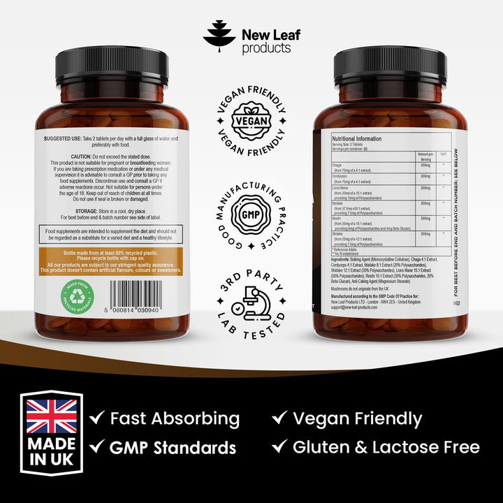 Mushroom Complex - Lions Mane Mushroom Cordyceps Mushroom Chaga Mushroom Reishi Mushroom Shiitake and Maitake Mushroom Blend - High Potency Mushroom Supplement - Made in The UK Made in The UK