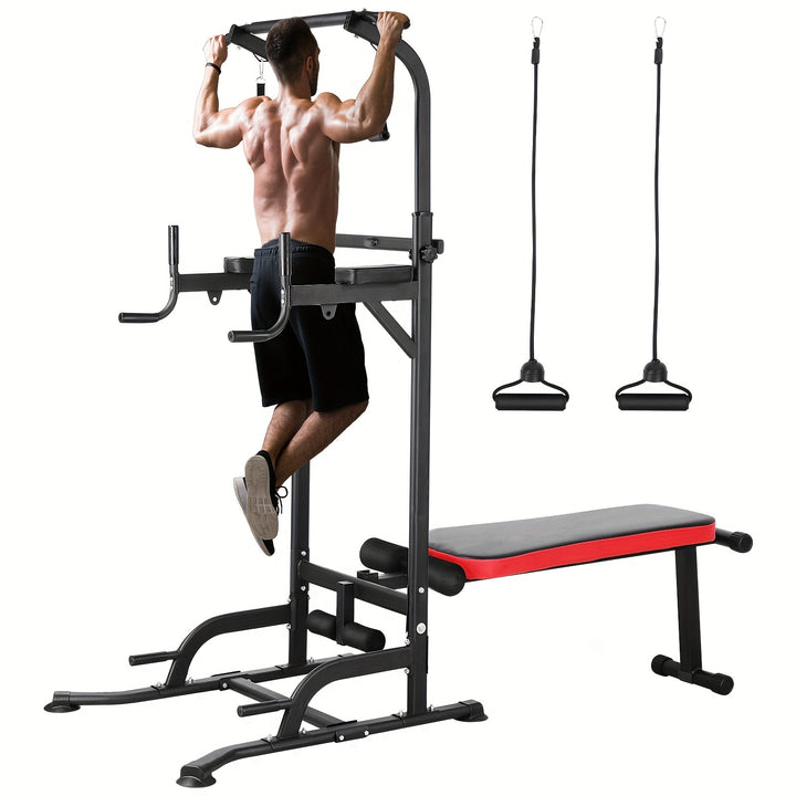 1pc LIFERUN Multifunctional Iron Power Tower Dip Station with Foldable Bench and Pull-Up Bar - Door Mount Strength Training Equipment for Home Gym, Includes Training Bands, 200KG Load Capacity