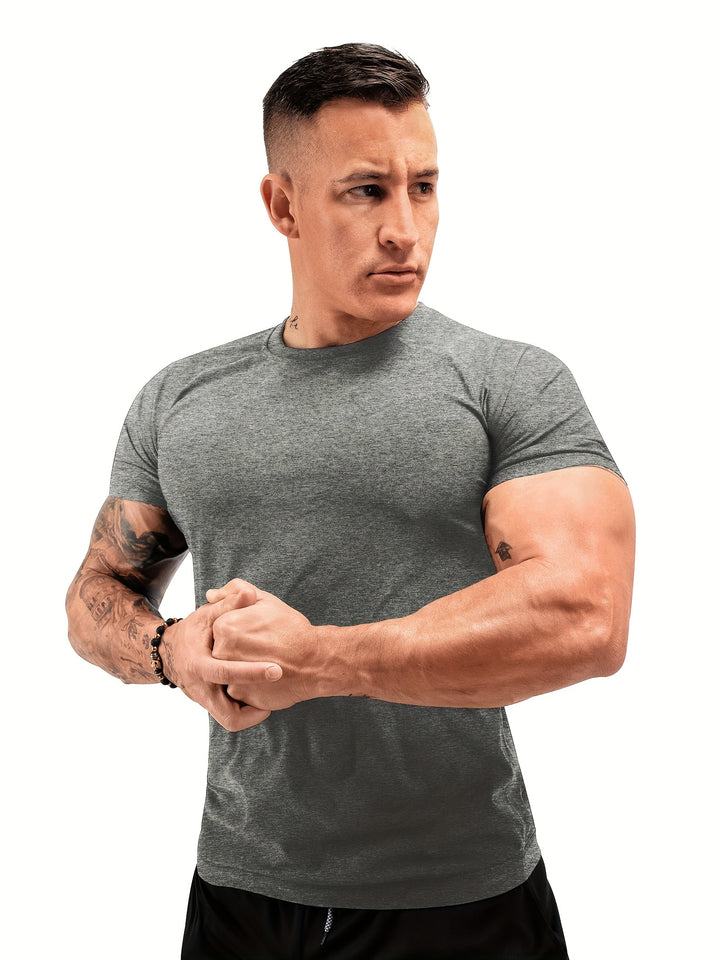 Men's Solid Skinny Fit Crew Neck And Short Sleeve Sauna Sweat T-shirt, Stretchable And Active Sports Tops Versatile For Summer Body-shaping, Fitness And Gym Wear