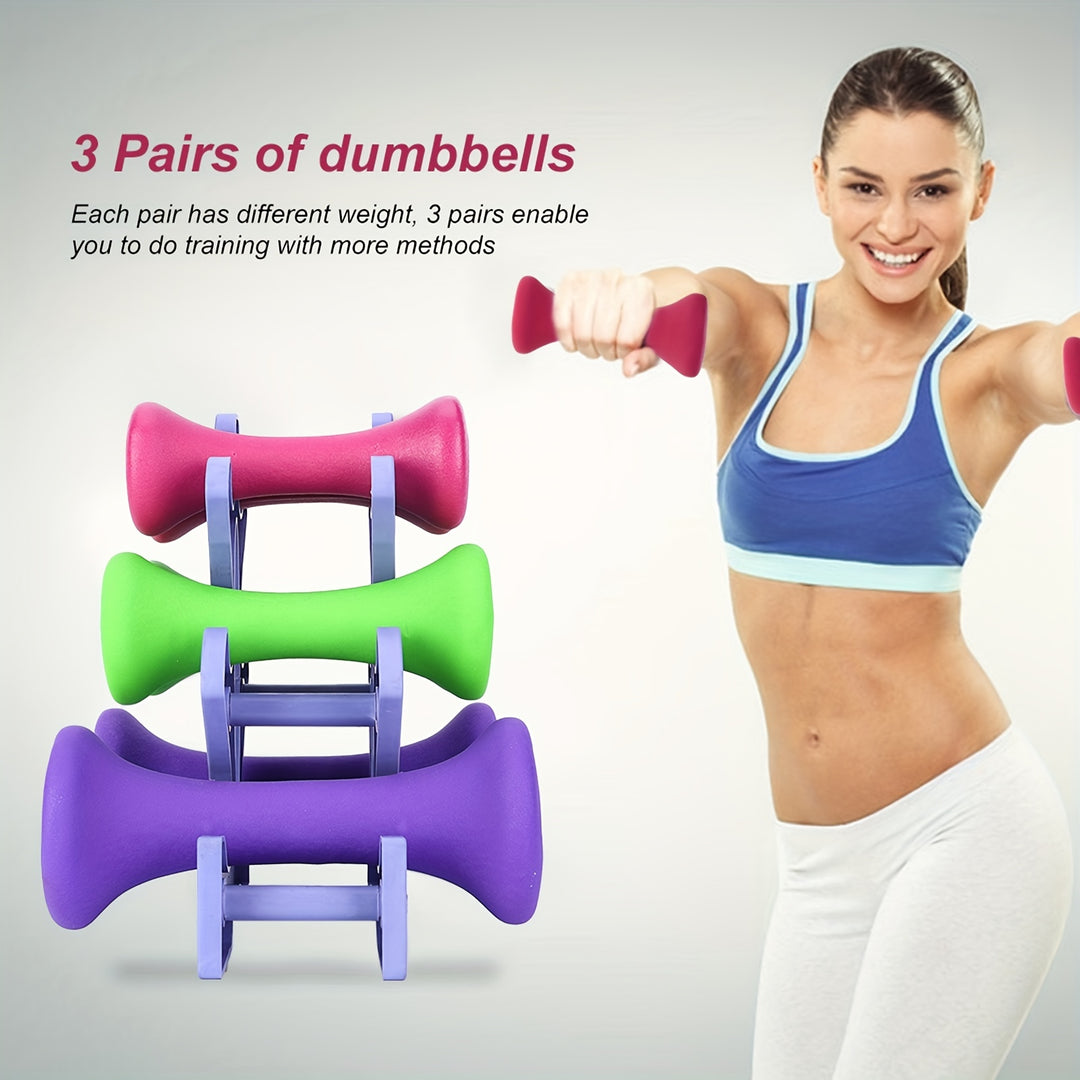 6pcs Fitness Weights Dumbbells With 1pc Holder Rack, Suitable For Bodybuilding, Fitness Exercise, Strength Training Pink-907.18g Green-1.36KG Blue-2.27KG