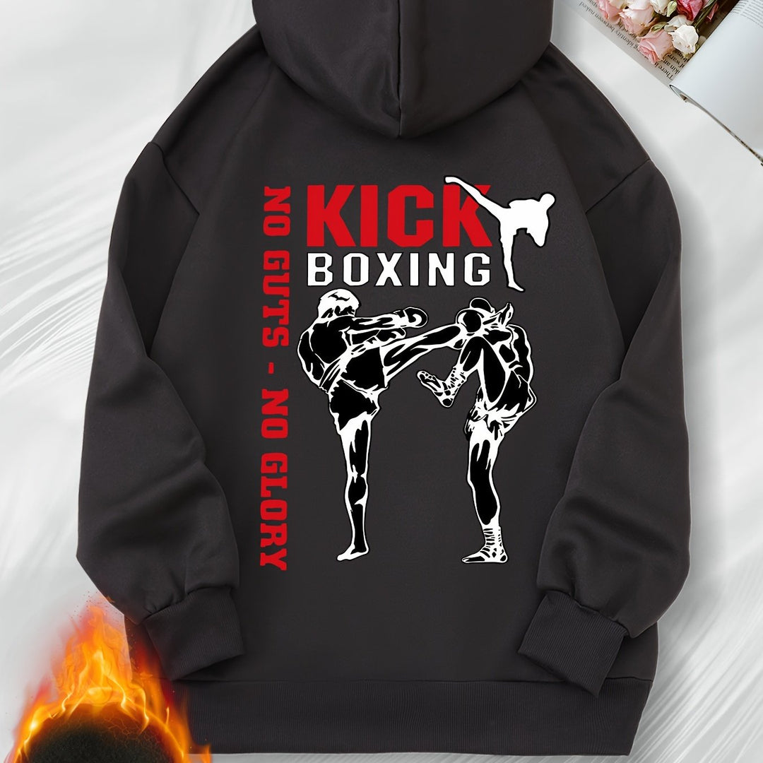 Women's Casual Boxing Print Fleece-Lined Hoodie with Drawstring & Kangaroo Pocket - Cozy Long Sleeve Pullover, Machine Washable