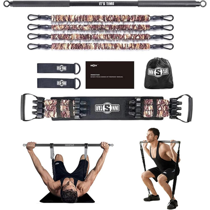 NEW Portable Home Gym Set with Workout Bar, Bench Press Set, Squat Resistance Band, Door Anchor and More-Full Body Workout Equipment to Build Muscle and Shape Body