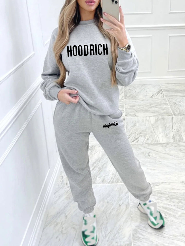 Women's Casual Fashion Geometric HOODRICH Letter Pattern Print Hoodie and Sweatpants Set - Long Sleeve, Round Neck, Polyester Blend, Perfect for Fall and Winter