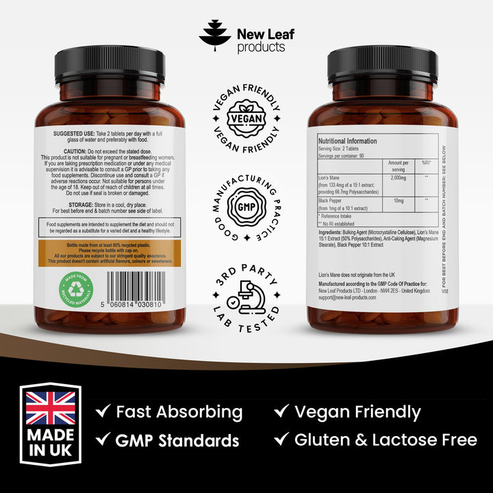 Lions Mane Mushroom 2000mg - 180 High Strength Vegan Tablets - Lion's Mane Supplement with Black Pepper