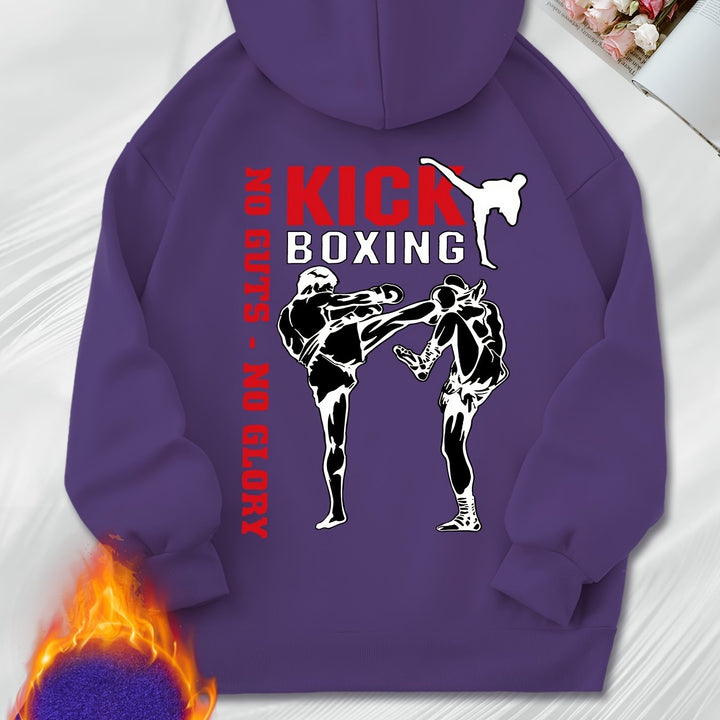 Women's Casual Boxing Print Fleece-Lined Hoodie with Drawstring & Kangaroo Pocket - Cozy Long Sleeve Pullover, Machine Washable