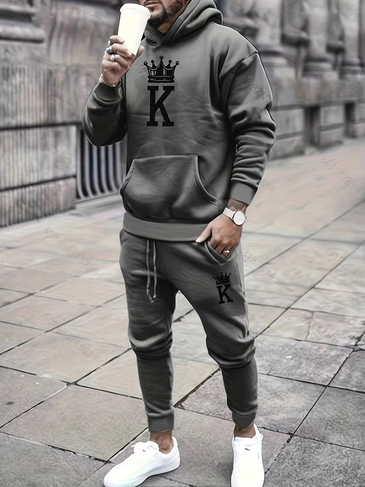 Men's Classic Athletic & Casual Print Hoodie Set - Polyester, Long Sleeve with Drawstring Pants, Perfect for Fall/Winter