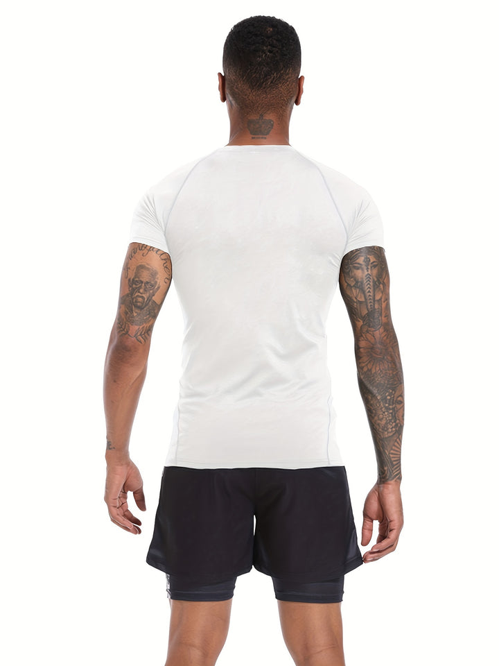 Illustration Pattern And Letter Print "SPARTAN GYM" Crew Neck And Short Sleeve Compression T-shirt, High Stretch And Quick Dry Tops For Men's Summer Fitness/Gym/Training Wear