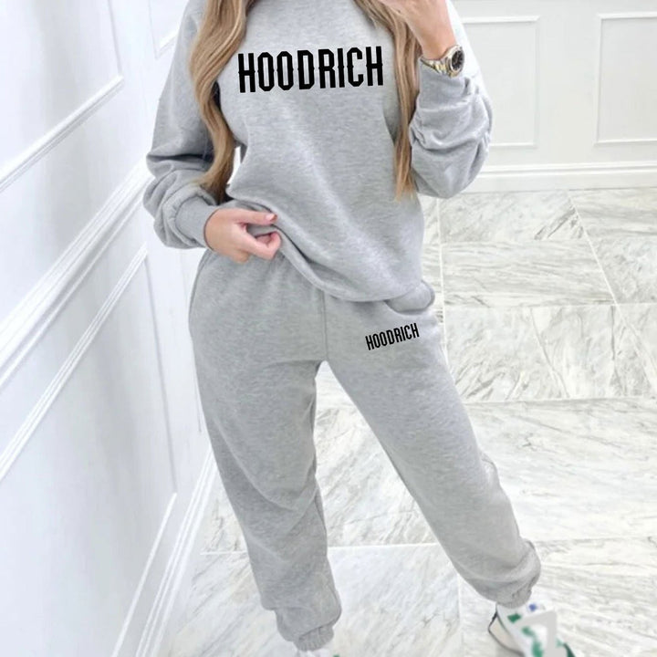 Women's Casual Fashion Geometric HOODRICH Letter Pattern Print Hoodie and Sweatpants Set - Long Sleeve, Round Neck, Polyester Blend, Perfect for Fall and Winter