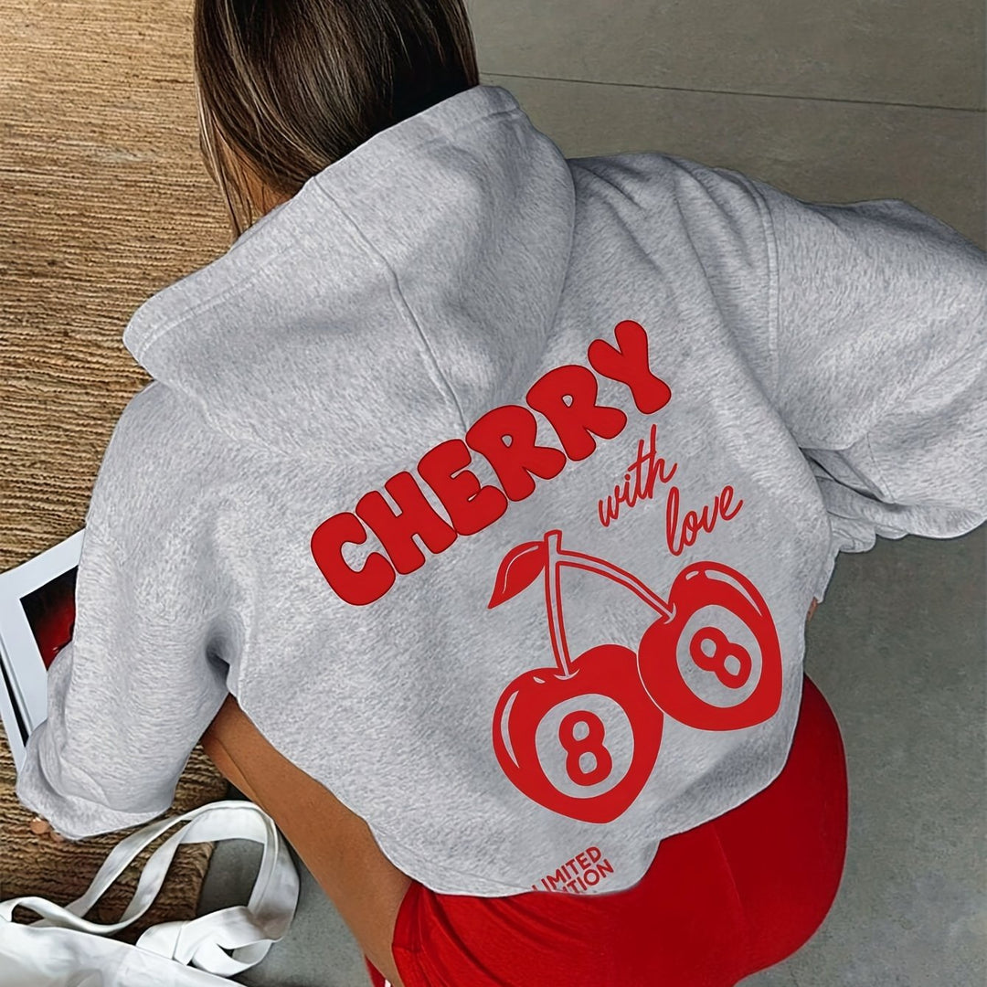 [Popular Choice] Women's Casual Cherry & Letter Print Hoodie - Long Sleeve, Drawstring, Polyester, Machine Washable for Fall/Winter, Casual, Sports Shirt