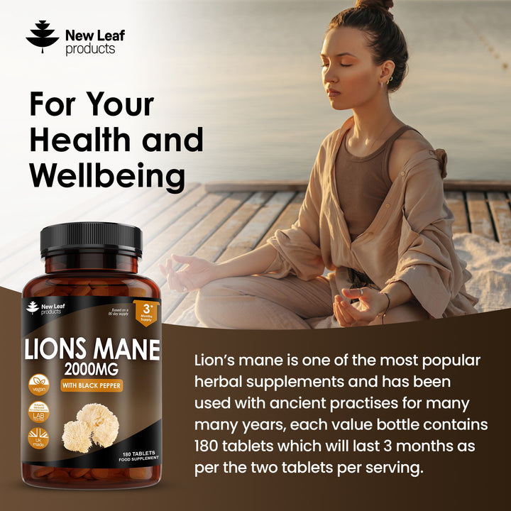 Lions Mane Mushroom 2000mg - 180 High Strength Vegan Tablets - Lion's Mane Supplement with Black Pepper