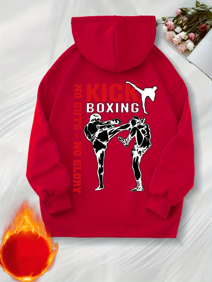 Women's Casual Boxing Print Fleece-Lined Hoodie with Drawstring & Kangaroo Pocket - Cozy Long Sleeve Pullover, Machine Washable