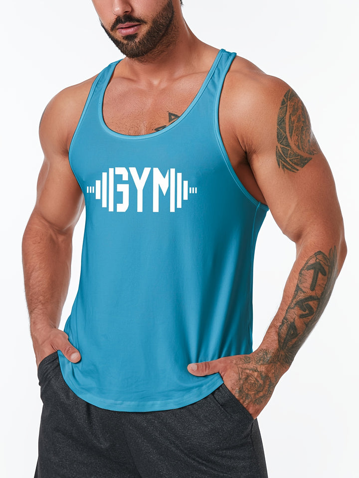 GYM Dumbbell Pattern Men's Summer Tank Top, Men's Breathable Lightweight Top For Fitness