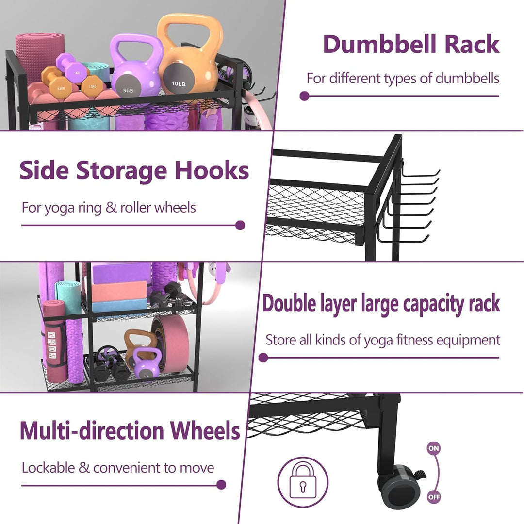 Dumbbell Rack, Yoga Mat Storage Rack, Workout Equipment Storage Rack for Dumbbells Kettlebells Yoga Mat and Balls, Home Gym Storage Organizer with Hooks and Wheels