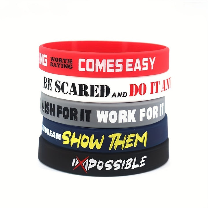 5pcs Inspirational Silicone Wristbands, Sporty & Classic Style, Motivational Quotes Rubber Bracelets for Daily & Sports Occasions, All-Season Accessory