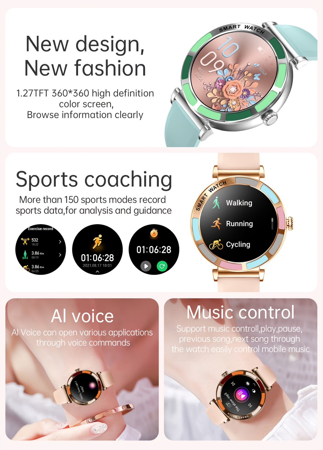 TIZOOP Smart Watch for Women, 3.23cm HD Round Touch Display, IP67, 290mAh Rechargeable Battery, Silicone Band, Digital Round Case, Wireless, 100+ Sports Modes, Pedometer, Fitness Tracker, Answer & Make Calls, Message Notifica