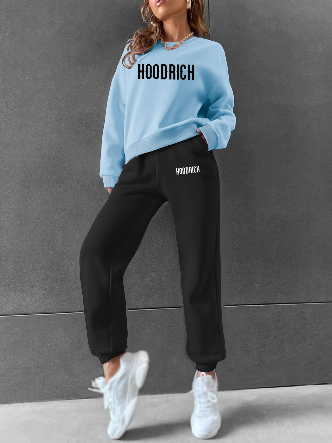 Women's Casual Fashion Geometric HOODRICH Letter Pattern Print Hoodie and Sweatpants Set - Long Sleeve, Round Neck, Polyester Blend, Perfect for Fall and Winter