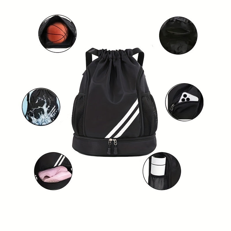 Drawstring Sports Gym Bag - Polyester Softshell, Practical Pockets, Ideal For Basketball, Outdoor, Travel, Swimming, Hiking, Climbing