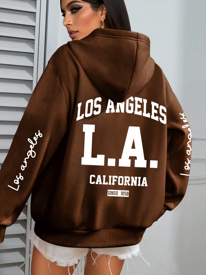 Women'S Plus Size Casual Hoodie with Los Angeles Print, Long Sleeve Pullover Sweatshirt with Pocket, 100% Polyester Knit Fabric, Slight Stretch, Fall/Winter Hooded Clothing