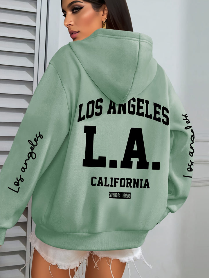 Women'S Plus Size Casual Hoodie with Los Angeles Print, Long Sleeve Pullover Sweatshirt with Pocket, 100% Polyester Knit Fabric, Slight Stretch, Fall/Winter Hooded Clothing