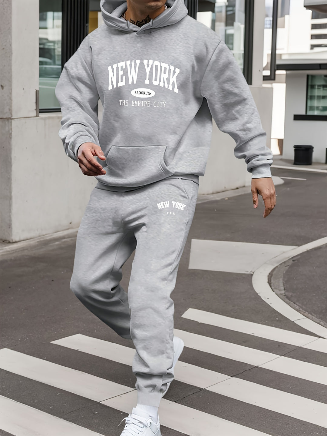 Men'S Thickened Fleece Sports Suit with New York Letter Print, Spring And Autumn Hooded Sweatshirt Set, Long Sleeve Casual And Comfortable with Pockets, Two-Piece Hoodie And Sweatpants.