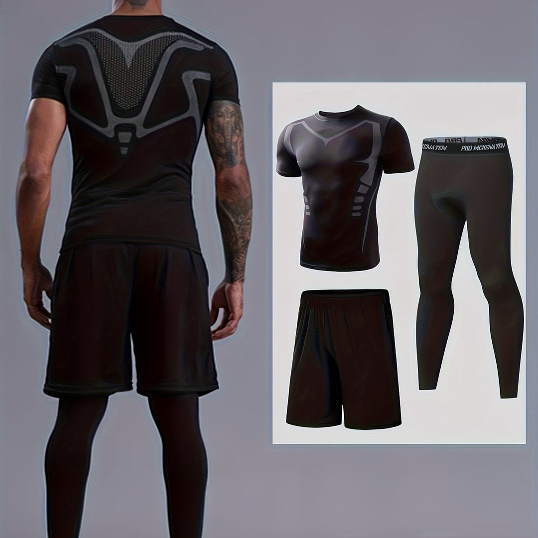 3pcs Men's Base Layer Sets, Compression Short Sleeve Round Neck Tops Shirts & Bottom Pants & Shorts, Sports Fitness Workout Body Shaper Suit, Sports Suits