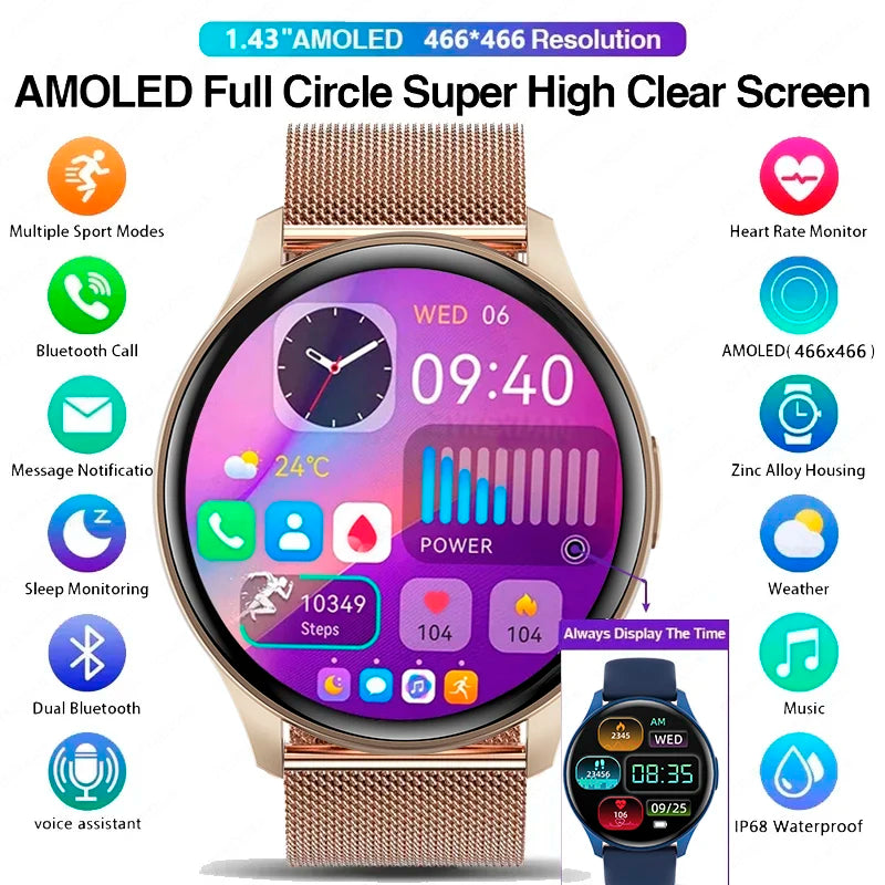 1.43 Inch AMOLED Smart Watches Women Bluetooth Call Sports Fitness Tracker Blood Glucose Monitor Men Smartwatch For Android IOS