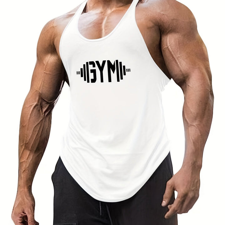 GYM Dumbbell Pattern Men's Summer Tank Top, Men's Breathable Lightweight Top For Fitness