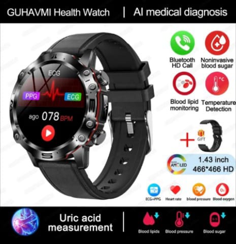 2024 New Blood Lipids Uric Acid Blood Glucose Smart Watch For Men ECG+PPG Fitness Tracker Clock Bluetooth Call Health Smartwatch