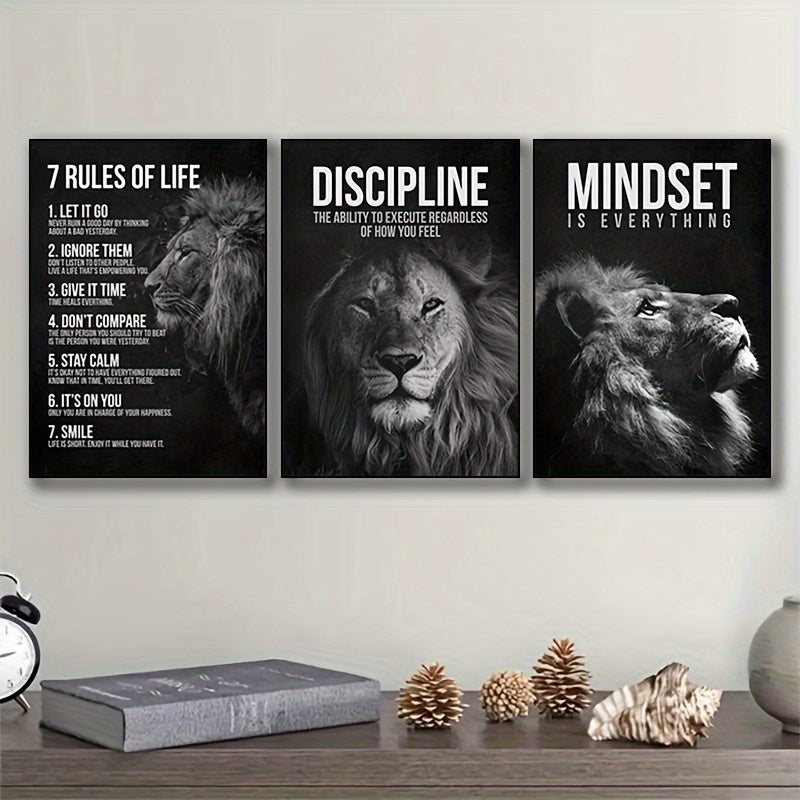 Inspirational Lion King Canvas Poster Prints, Set of 3, Frameless Motivational Wall Art for Home Office, Living Room, Bedroom - Art Deco, Classic, Contemporary Styles, Animal Print Theme, Indoor Portrait Orientation