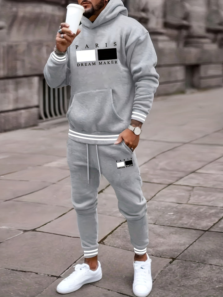 2pcs Stylish Men's Paris Letter Print Hooded Sweatshirt & Drawstring Waist Sweatpants Set - Sweatsuits - Comfortable Casual Wear for Daily Life - Soft Fleece Lining - Adjustable Drawstring Waistband - Relaxed Fit