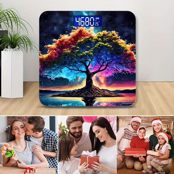 High Precision Digital Bathroom Scale with Vibrant Tree Design, Non-Slip, 396lb Capacity, AAA Battery Powered, Sensor Technology with 0.2kg Minimum Weighing - Batteries Not Included