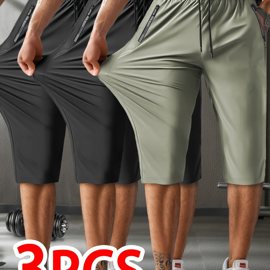 3pcs Men'S Casual Active Polyamide Shorts, High Stretch Knit Fabric, Solid Color, Straight Leg, with Pockets, Elastic Waist with Drawstring