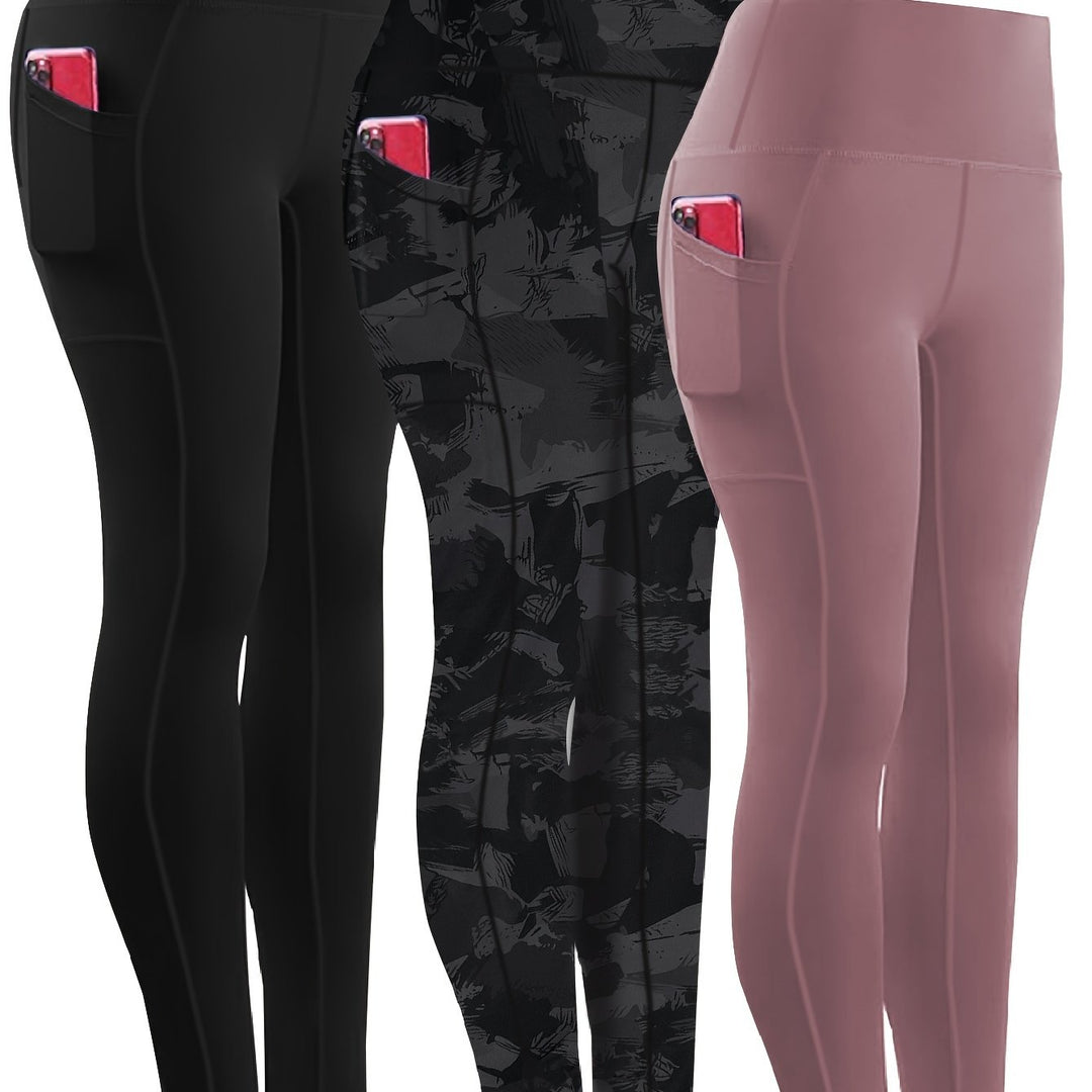 3 Pack Women's Sports Leggings Set, Plus Size High Waist Side Phone Pocket Stretchy Tummy Control Compression Yoga Running Leggings Pants 3pcs Set