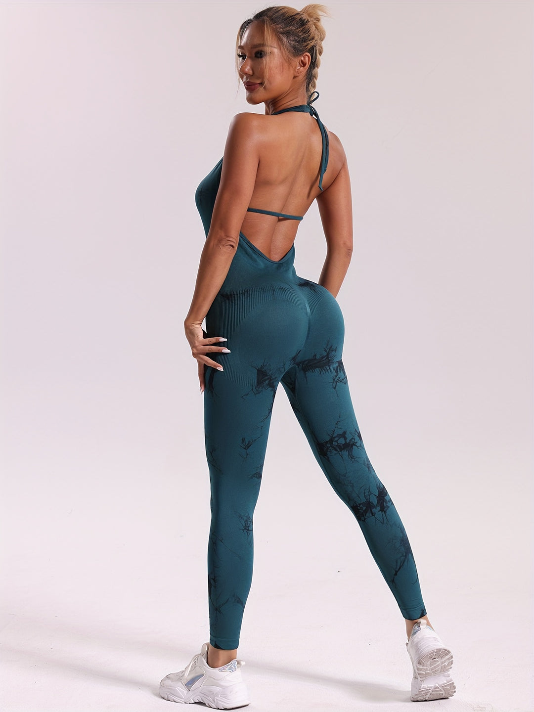 Tie Dye Halter Neck Sports Jumpsuits, Seamless Backless Sexy Yoga Workout Catsuit, Women's Activewear