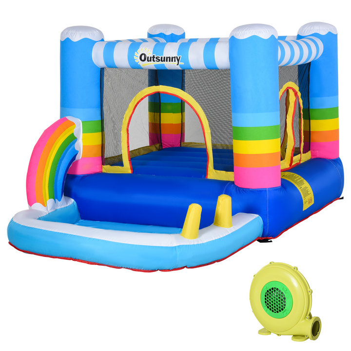 Outsunny Kids Rainbow Bouncy Castle & Pool House Inflatable Trampoline w/ Blower Pump Outdoor Play Garden Activity Exercise Fun 3-8 Years 2.8 x 1.7 x 1.55m