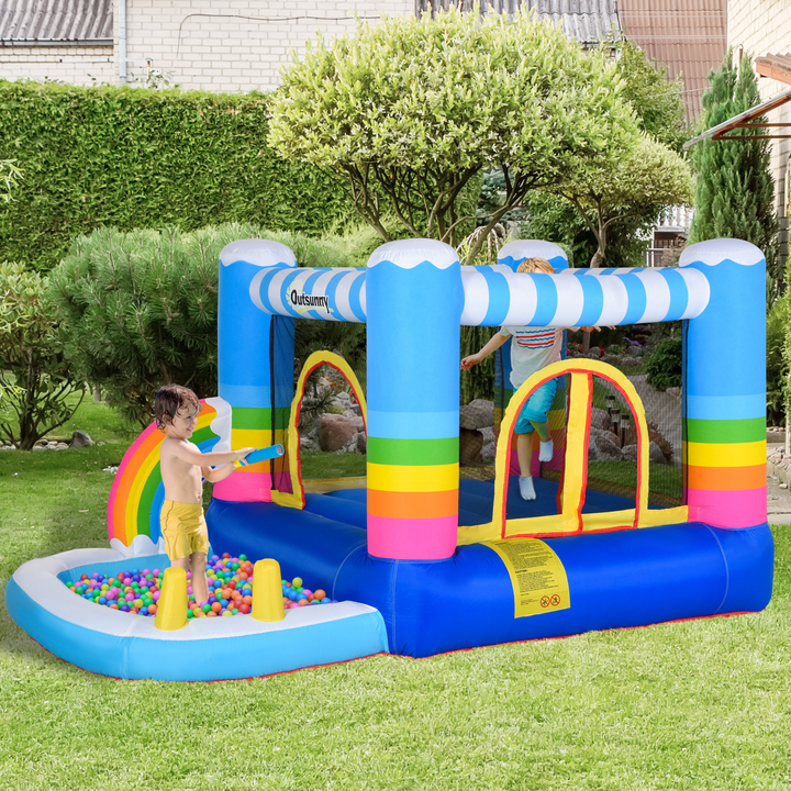 Outsunny Kids Rainbow Bouncy Castle & Pool House Inflatable Trampoline w/ Blower Pump Outdoor Play Garden Activity Exercise Fun 3-8 Years 2.8 x 1.7 x 1.55m