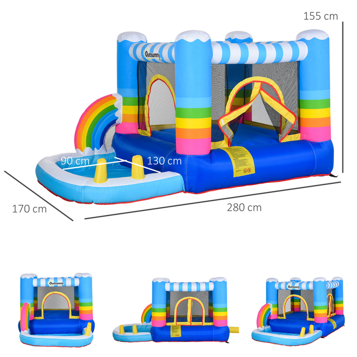 Outsunny Kids Rainbow Bouncy Castle & Pool House Inflatable Trampoline w/ Blower Pump Outdoor Play Garden Activity Exercise Fun 3-8 Years 2.8 x 1.7 x 1.55m