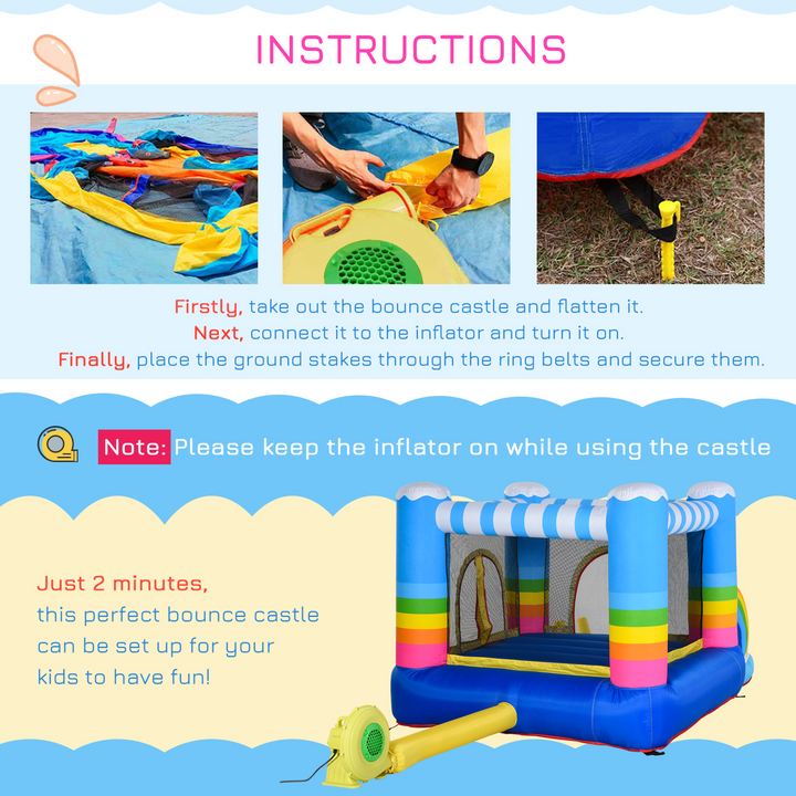 Outsunny Kids Rainbow Bouncy Castle & Pool House Inflatable Trampoline w/ Blower Pump Outdoor Play Garden Activity Exercise Fun 3-8 Years 2.8 x 1.7 x 1.55m