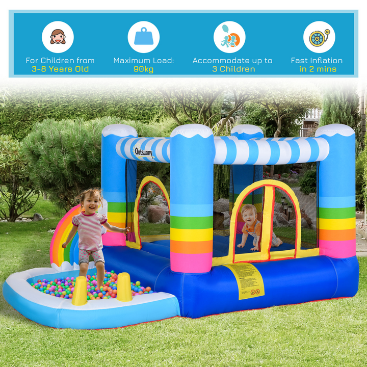 Outsunny Kids Rainbow Bouncy Castle & Pool House Inflatable Trampoline w/ Blower Pump Outdoor Play Garden Activity Exercise Fun 3-8 Years 2.8 x 1.7 x 1.55m