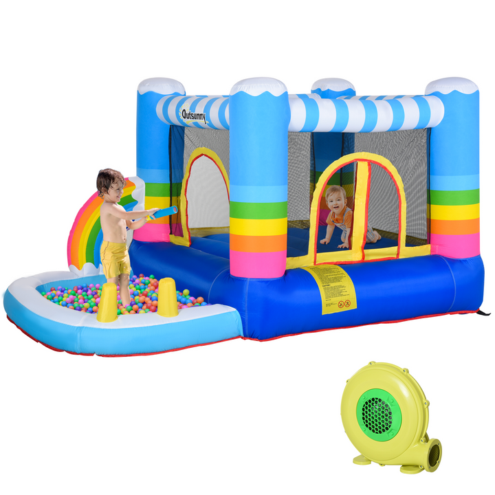 Outsunny Kids Rainbow Bouncy Castle & Pool House Inflatable Trampoline w/ Blower Pump Outdoor Play Garden Activity Exercise Fun 3-8 Years 2.8 x 1.7 x 1.55m