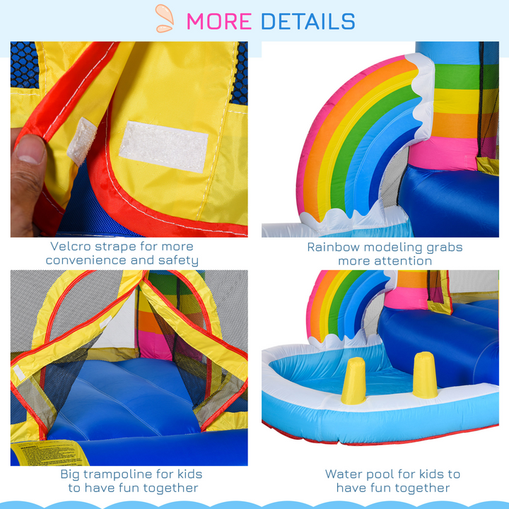 Outsunny Kids Rainbow Bouncy Castle & Pool House Inflatable Trampoline w/ Blower Pump Outdoor Play Garden Activity Exercise Fun 3-8 Years 2.8 x 1.7 x 1.55m