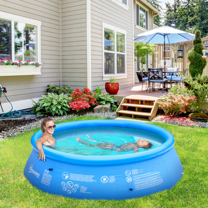 Outsunny 274cm x 76cm Inflatable Swimming Pool Family-Sized Blow Up Pool Round Paddling Pool with Hand Pump for Kids, Adults, Outdoor, Garden and Backyard, Blue